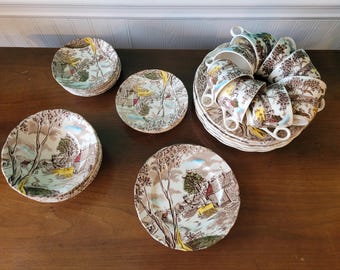 Vintage W.H. Grindley 37 Piece Set, Sunday Morning Pattern, Staffordshire  England, Collectible Transferware