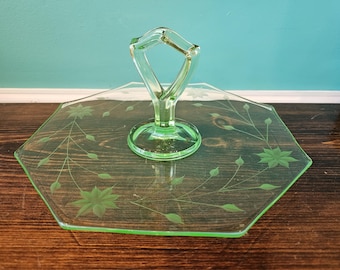 Etched Vintage Uranium Depression Glass Serving Dish. 1930s.