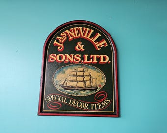 Vintage Wood Hand Painted Sign, Jas Neville and Sons Ltd, Nautical Image, 18" x 14"
