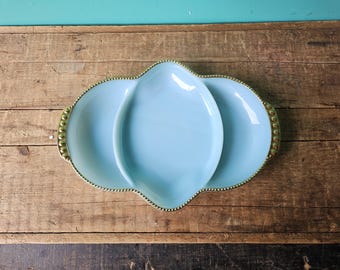 Vintage Fire King Divided Dish Oven Ware, Blue Milk Glass with Gold Trim, 11" x 7 1/2"