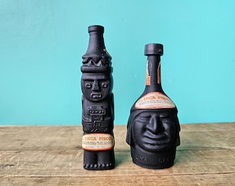 Vintage Ranuzzi Inca Pisco Miniature Bottles with Original Labels and One Stopper, Lima Peru, Black Liquor Bottle with Original Labels