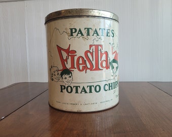 1960s Patates Fiesta brand Potato Chips Tin Canister - Canadian Company