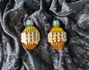 Vintage Pair of Glass Christmas Ornaments, Gold and Frosted White Small Ornaments, 2 1/2" x 1 1/2" x 1 1/2"