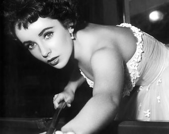 Elizabeth Taylor c. 1950&#39;s shooting pool - black & white, multiple sizes - old Hollywood, classic actress, Hollywood legend [730-1286]