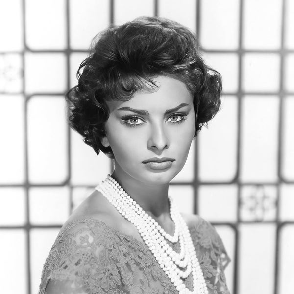 Sophia Loren in pearls c. 1950's, black & white, print/poster - Vintage Hollywood, classic actress, celebrity portrait  [1575]