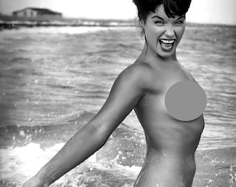 Bettie Page joyful on the beach - black & white, mature - classic, sexy, vintage summer, topless, risqué, posters, artistic [730-1272]