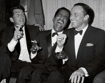 The Rat Pack - Dean Martin, Sammy Davis Jr. and Frank Sinatra c. 1961 - black & white, vintage celebrities, old Hollywood glam [730-1244]