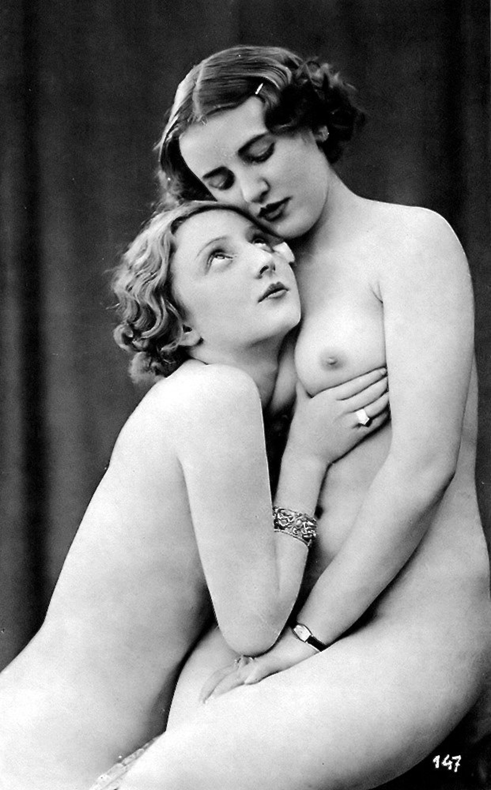 1920's Era Lesbian Nude Study-French Postcard Style image 1.