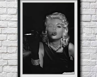 Jayne Mansfield Blowing Smoke C. 1950's, Black & White, Multiple Sizes  Print/poster, Classic Hollywood, Vintage Actress Pinup [730-1571]