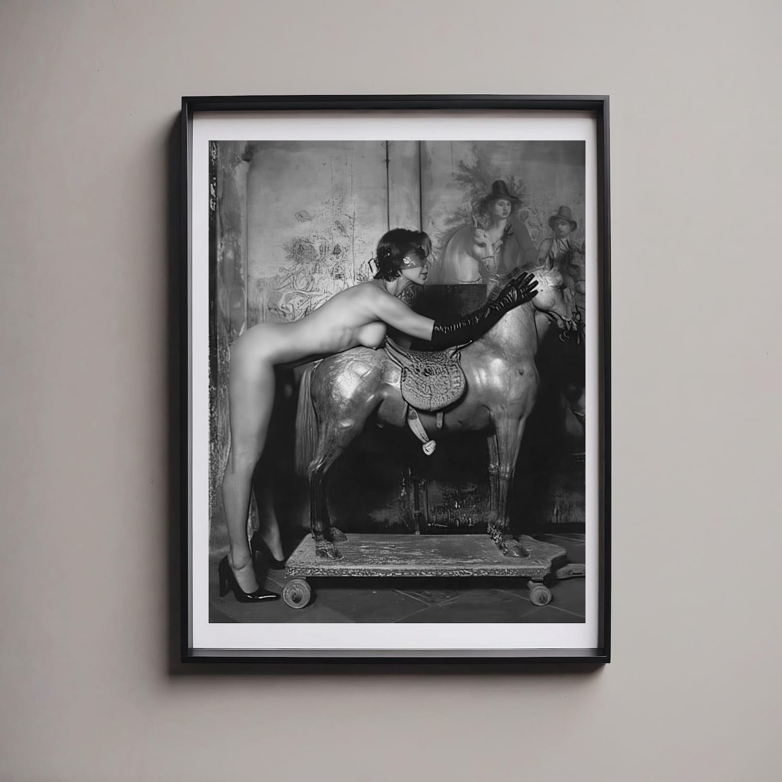 Sexy Nude Woman With Wooden Horse C. 1930's, Black & White, Mature