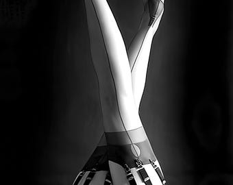 Sexy vintage stocking ad c. 1930's - black & white, mature - vintage advertising, stockings, garters, dramatic, posters [730-1267]
