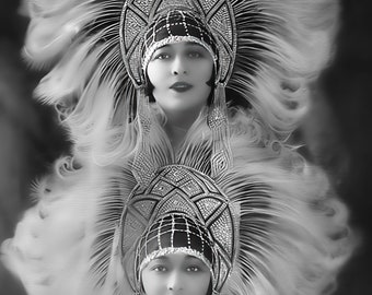 The Dolly Sisters - 1920's Era Ziegfeld Follies showgirls - zwart-wit, meerdere maten [730-1699] Klassieke flappers, vintage glamour