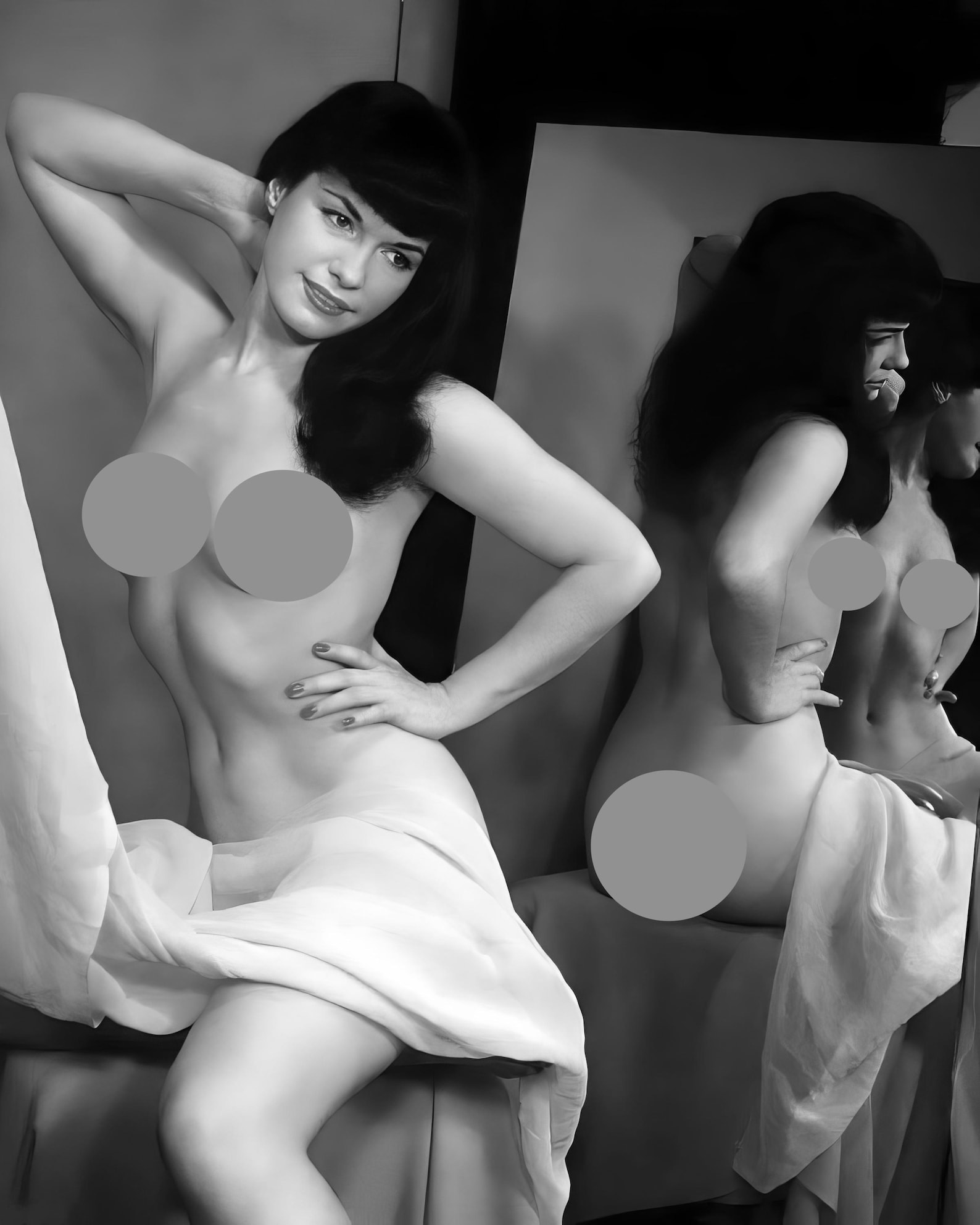 Bettie Page Reflected, Classic Seated Nude Pose Circa 1950's Black