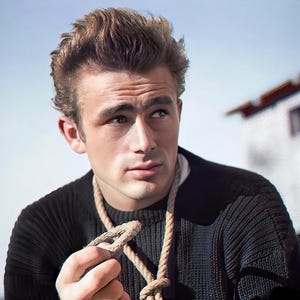 May include: A man with brown hair wearing a black sweater and a rope necklace. He is looking off to the side and holding the rope in his hand.