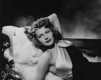 Rita Hayworth on bearskin rug c. 1943 studio portrait - black and white, multiple sizes - old Hollywood,  old movie star, actress [1666]