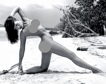 Bettie Page on the beach - black & white, mature - classic, sexy, vintage summer, topless, risqué, posters, artistic [730-1353]