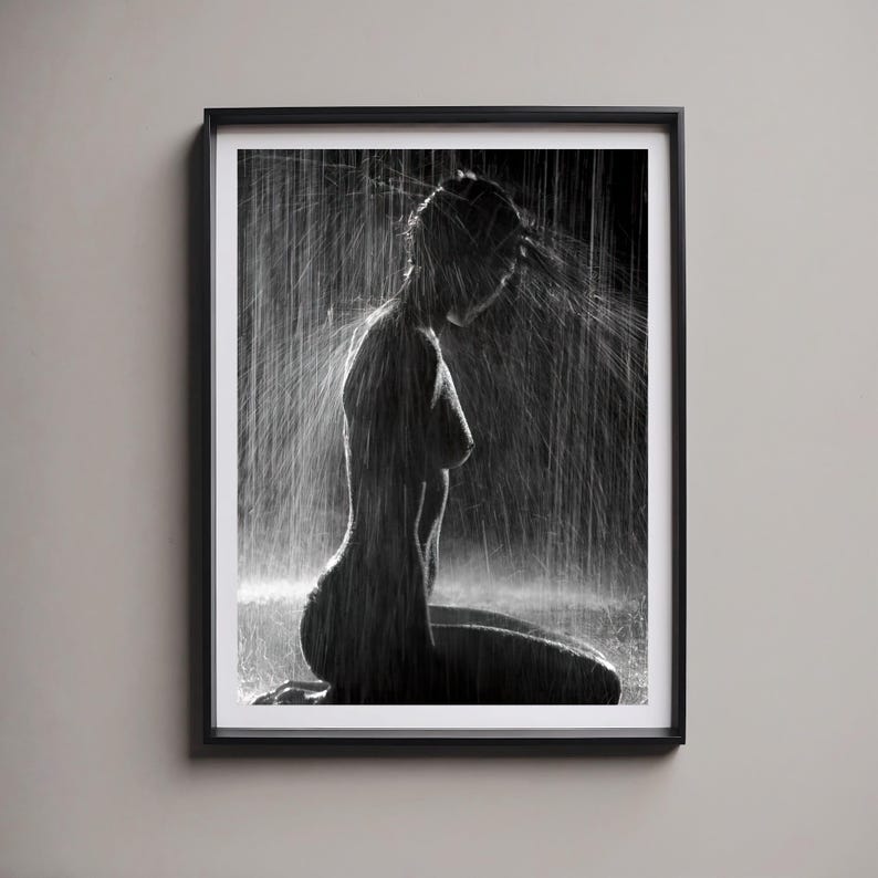 Rainy Night - C. 1940's - Sexy Nude Kneeling in Rain - Black & White