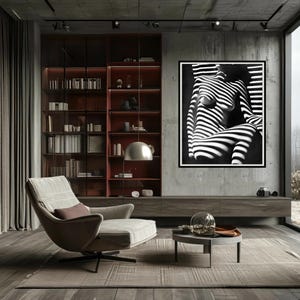 May include: A black and white photograph of a person's torso with stripes of light and shadow. The photo is framed and hanging on a wall in a modern living room.