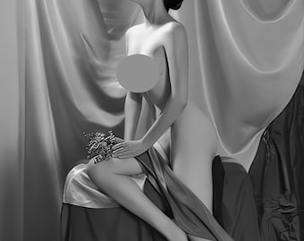 Peut inclure: Une photo en noir et blanc d'une femme assise sur un tabouret, vêtue d'une robe fluide. Elle regarde vers le haut et vers la droite, avec une expression sereine sur son visage. L'arrière-plan est un tissu drapé.
