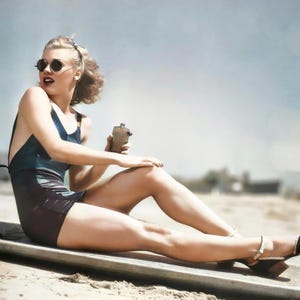 Ginger Rogers on the beach c. 1933, color, multiple sizes - glamorous, bathing suit pin up, vintage actress celebrity, leading lady [757]