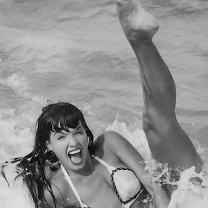 Bettie Page playful in the surf - black & white, mature - classic, sexy, vintage summer, risqué, posters, artistic wall decor [730-1841]