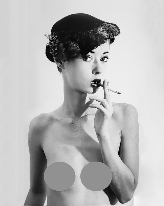 1940's Era Nude Smoking in Hat - Black & White, Mature - Sexy, Suggestive,  Smoking, Vintage, Topless, Risqué [730-1060]