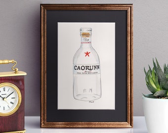 Caorunn Gin Bottle - Original ink and watercolour painting, wall art, decor art, still life art