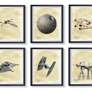 May include: Six vintage-style framed prints featuring iconic Star Wars spacecraft and characters. The prints feature a faded, textured background and include the Millennium Falcon, X-Wing, TIE Fighter, Death Star, AT-AT, and a TIE Interceptor.