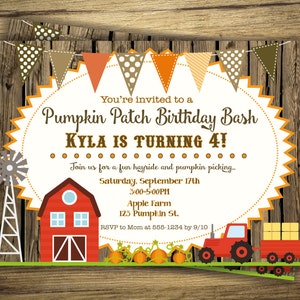 May include: A rustic-themed birthday invitation for a girl named Kyla turning 4. The invitation features a red barn, a windmill, a tractor, and pumpkins. The text reads "You're invited to a Pumpkin Patch Birthday Bash Kyla is turning 4!" with details about the party, including the date, time, and location.