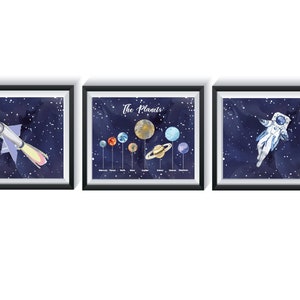 Solar System Planets Nursery Art Prints, Set of 3 Outer Space Nursery Decor, Boys Bedroom Wall Decor earth, sun, rocket ship, astronaut