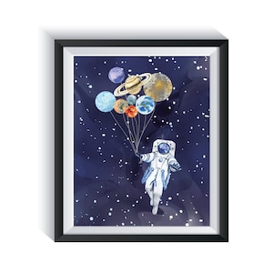 Astronaut with Balloons Nursery Watercolor Art Print Qty 1 Solar System Space Nursery Bedroom wall decor earth planets painting boys girls