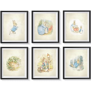 Peter Rabbit Art Prints Set - Qty 6 - Vintage, Retro, Baby Girl Boy Gender Neutral NURSERY, BEDROOM, Beatrix Potter, Bunny, posters bild 1