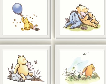 Winnie the Pooh Nursery Art Prints Set of 4 Classic Pooh Neutral Art Vintage Bear Wall Posters Baby Wall Decor BEDROOM Piglet Eeyore