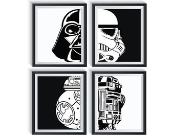 Star Wars Darth Vader Storm Trooper R2D2 BB8 Art Prints UNFRAMED Qty 4 Nursery Bedroom Decor Black White Minimalist Modern Dorm Wall