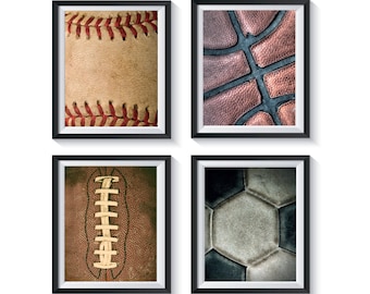 Retro Sports Balls UNFRAMED Art Prints BEDROOM NURSERY Playroom decor Vintage look, Baseball Basketball Football Soccer Qty 4 Boys Wall Gift