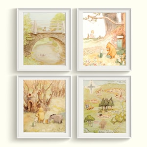 Winnie the Pooh Art Prints Set Qty 4 Classic Pooh watercolor Baby Girl Boy Gender Neutral NURSERY BEDROOM 100 aker baby shower gift present