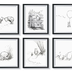 Winnie the Pooh Sketch Art Prints Qty 1 Classic Pooh Vintage, Baby Girl Boy Gender Neutral NURSERY BEDROOM baby shower gift black white