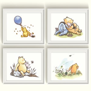 Winnie the Pooh Art Prints Set Qty 4 Classic Pooh Nursery Vintage Baby Girl Boy Gender Neutral BEDROOM Piglet Eeyore original pooh butterfly