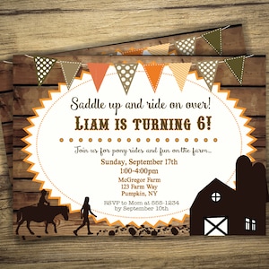 Fall Pony Ride Birthday Invitation - Hayride, Farm, Pumpkin Picking Party Invite, Pony Rides, Horses, Barn - Digital File, Printable