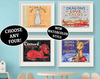 Classic Storybook Art Prints Set of 4 Kids Favorite Book Cover Playroom Decor Toddler Book Lover Art Posters Books Baby Shower Gift Nursery
