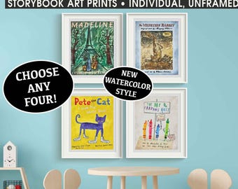 Favorite Classic Storybook Art Prints Set of 4 Kids Book Cover Posters Playroom Decor Poster Baby Shower Gift Toddler Neutral Wall Painting