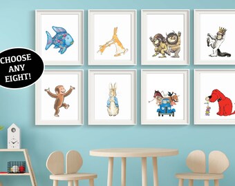 Book Characters Art Prints UNFRAMED Qty 8 Baby Girl Boy Gender Neutral Nursery, Library PreSchool Stories Classic Storybook Baby Shower Gift