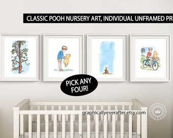 Classic Pooh Nursery Wall Art Qty 4 Original Winnie the Pooh Posters Baby Girl Boy Art Prints Gender Neutral BEDROOM decor baby shower gift