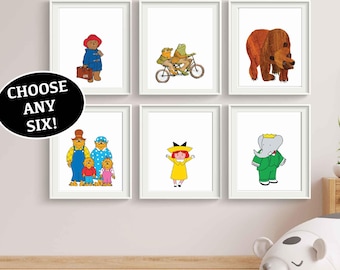 Kids Storybook Characters Art Prints Set of 6 Baby Shower Book Gift Baby Nursery Book Wall Art, Library  Classic Storybook Baby Present