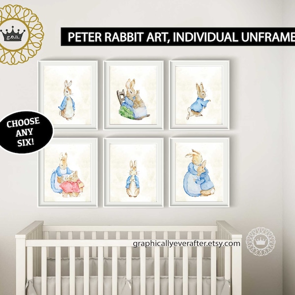 Peter Rabbit Nursery Art Prints Qty 6 Watercolor Baby Girl Boy Gender Neutral Bedroom Wall Baby Shower Gift, Beatrix Potter, Bunny posters