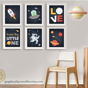 Outer Space Nursery Art Prints, Qty 6, Planets Wall Art, Gender Neutral Solar System Nursery Decor, Rocket Ship Moon Astronaut, Baby Shower