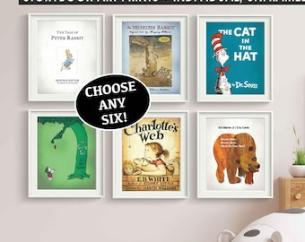 Childrens Book Covers Nursery Art Prints Set of 6 Classic Storybook Posters Neutral Baby Room Art Kids Bedroom Playroom Baby Shower Gift
