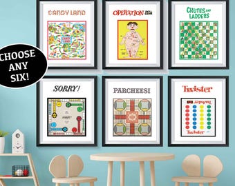Retro Board Games Art Posters, Classic Board Game Wall Prints Set of 6 Game Room Decor Kids Playroom Game Wall Art Candyland Sorry Scrabble