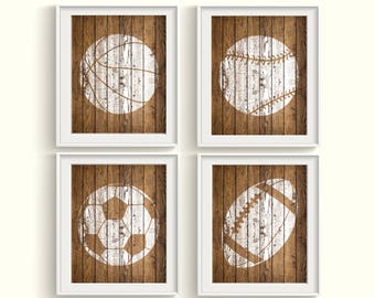 Rustic Wood Distressed Sports Balls Art Prints - Qty 1 - BEDROOM, NURSERY, PLAYROOM decor theme, Baseball, Basketball, Football, Soccer