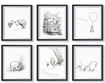 Winnie the Pooh Sketch Art Prints Qty 3 Classic Pooh Vintage, Baby Girl Boy Gender Neutral NURSERY BEDROOM baby shower gift black white